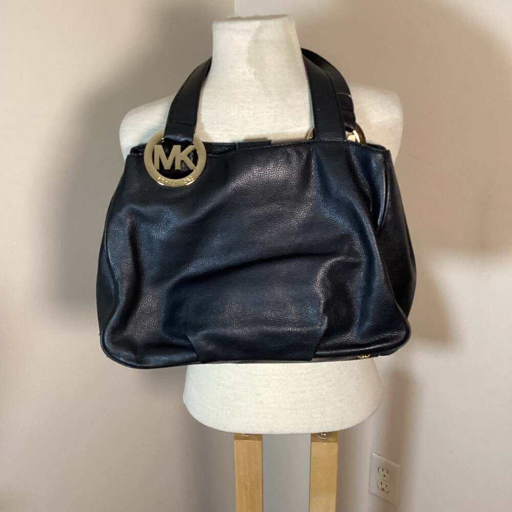 Michael Kors Black Leather Shoulder Bag with Gold MK Charm